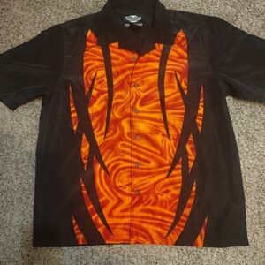 Harley Davidson Orange and Black Biker Flames Button-Up Shirt